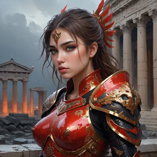 Prompt: portrait knights of Zodiac girl+smoky eyes, black fire red color reflected armor, in ruined Agora of Athens rainy night, ssci-fi and fantasy, intricate and very very beautiful and elegant, highly detailed, digital painting, artstation, concept art, smooth and sharp focus, illustration, art by tian zi and WLOP and alphonse mucha