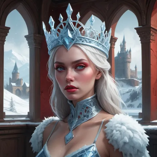 Prompt: Ice queen in a castle made our of ice, red make-up, realistic lighting, realistic face, realistic reflections, could, ice, professional ominous concept art, by artgerm and greg rutkowski, an intricate, elegant, highly detailed digital painting, concept art, smooth, sharp focus, illustration, in the style of simon stalenhag, wayne barlowe, and igor kieryluk., trending on artstation, sharp focus, studio photo, intricate details, highly detailed, by greg rutkowski