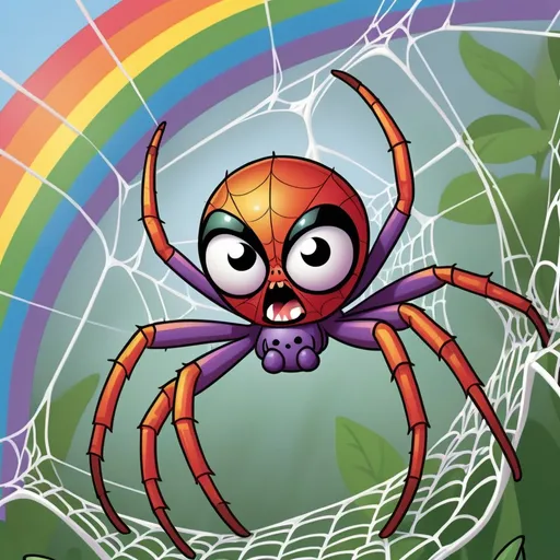 Prompt: a spider holding a rainbow in his net ,  comic style