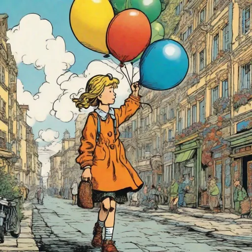 Prompt: detailed, vibrant illustration of a girl holding a balloon, by Herge, in the style of Tin-Tin comics, vibrant colors, detailed, sunny day, attention to detail, 8k