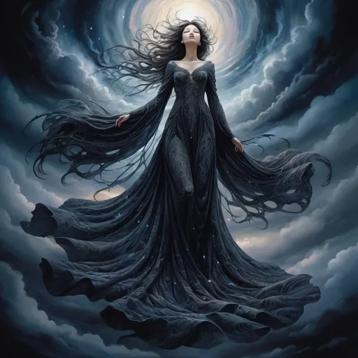 Prompt: painting of a spirit of darkness, descending from the sky, intricate long flowing gown, hyperdetailed by yoshitaka amano and Ekaterina Savic, fantasy art, celestial, ethereal, digital illustration, volumetric lighting