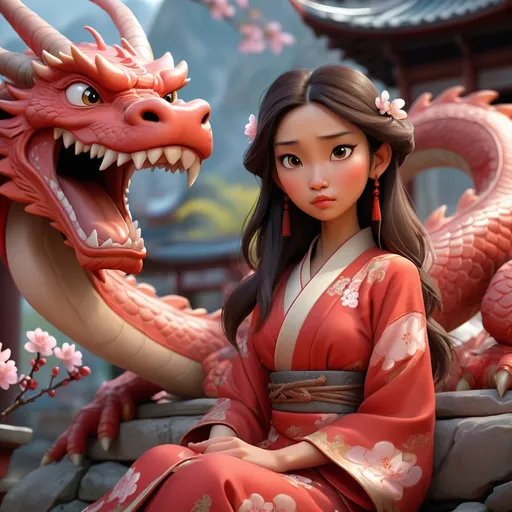 Prompt: gorgeous oriental woman in national clothes sitting next to a big dragon creature, red dress, tender beautiful face, cute face, dark hair, detailed skin, watercolor, stunning, historical clothes, stunning oriental clothes, national clothes, mid shot, oriental town, blowing sakura, tender cozy lightning, beautiful, cute, detailed face, 3dart, pixar trend, best quality, unreal engine, cozy lighting, intricate details, detailed drawing, atmospheric, best quality, unreal engine, cozy lighting, detailed digital painting, cinematic, hyper realistic, trending on artstation, aesthetic, inspirational, cartoon, illustration, deviantart