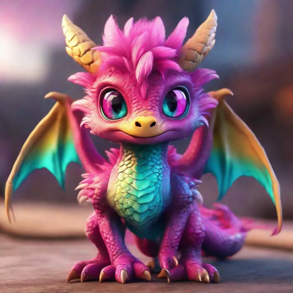 Prompt: an adorable and fluffy baby dragon with big color eyes, with soft feathers and wings, Cute, Colorful magenta aqua gradient fur, giant yellow cute beatiful detailed chibi eyes, cutie, eye contact, 8k, hdr, RAW, hyperrealistic, extremely detailed, sharp focus, natural lighting