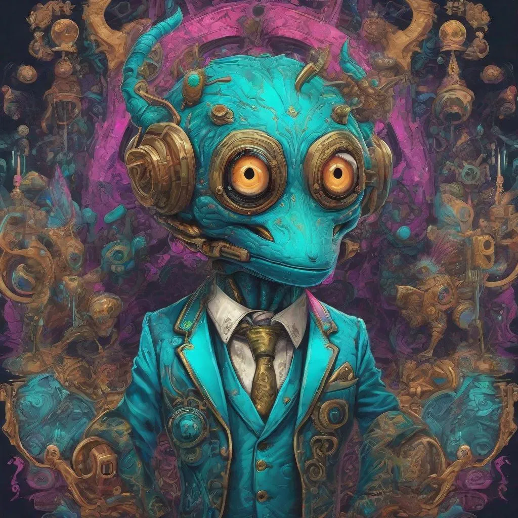 Prompt: a little monster in a suit, in the style of psychedelic artwork, imaginary creatures and robots, steelpunk, cyan and bronze, colorful fantasy realism, witchcore, baroque-punk