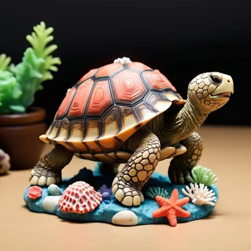 Prompt: tortoise cartoons figurine with shell and coral reef