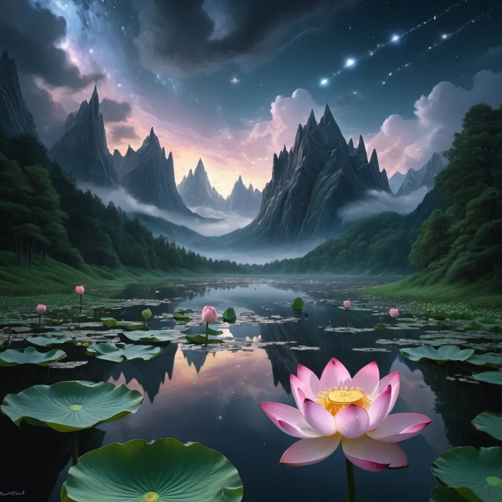 Prompt: Real photographic landscape painting with incomparable reality, Ultra-wide, Ominous sky, Lotus, Starry night, Harry Potter, Volumetric lighting, Clearing, Realism, James Gurney, artstation, Miki Asai Macro photography, close-up, hyper detailed, trending on artstation, sharp focus, studio photo, intricate details, highly detailed, by greg rutkowski