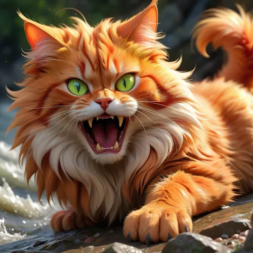 Prompt: warrior cat with {fiery orange fur} and bright green eyes, young male cat, epic anime portrait, beautiful 8k eyes, fine oil painting, intense, lunging at viewer, wearing shiny bracelet, solid red belly, worm's eye view, zoomed out view of character,  (unsheathed claws), visible claws, 64k, hyper detailed, expressive, intense, hissing cat, aggressive, intelligent, lithe, small, covered in scratches and scars, thick billowing mane, glistening golden fur, golden ratio, precise, perfect proportions, vibrant, prowling by a sun-bathed river, hyper detailed, dynamic, complementary colors, UHD, HDR, top quality artwork, beautiful detailed background, unreal 5, artstaion, deviantart, instagram, professional, masterpiece