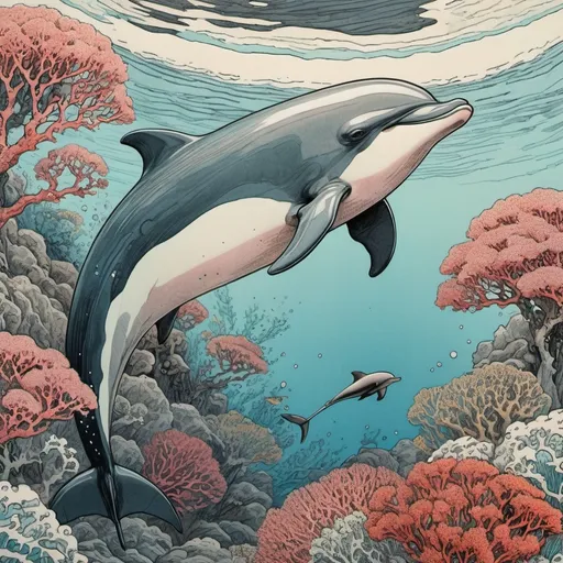 Prompt: realistic pastel colored photograph, corals and a giant dolphin , bold comic book black pen outline, soft pastel colors, closeup, illustrative realism, in the style of pen and ink  , woodblock print by Hokusai  ,by Victo Ngai
