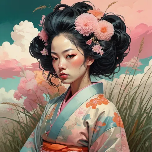 Prompt: portrait ninfa in japanese costume kimono, big hair, grass pastel colors, pink clouds, flowers orange :: by victo ngai, kilian eng, dynamic lighting, digital art, in the style of adrian ghenie, esao andrews, jenny saville, edward hopper, surrealism, dark art by james jean, takato yamamoto, inkpunk minimalism