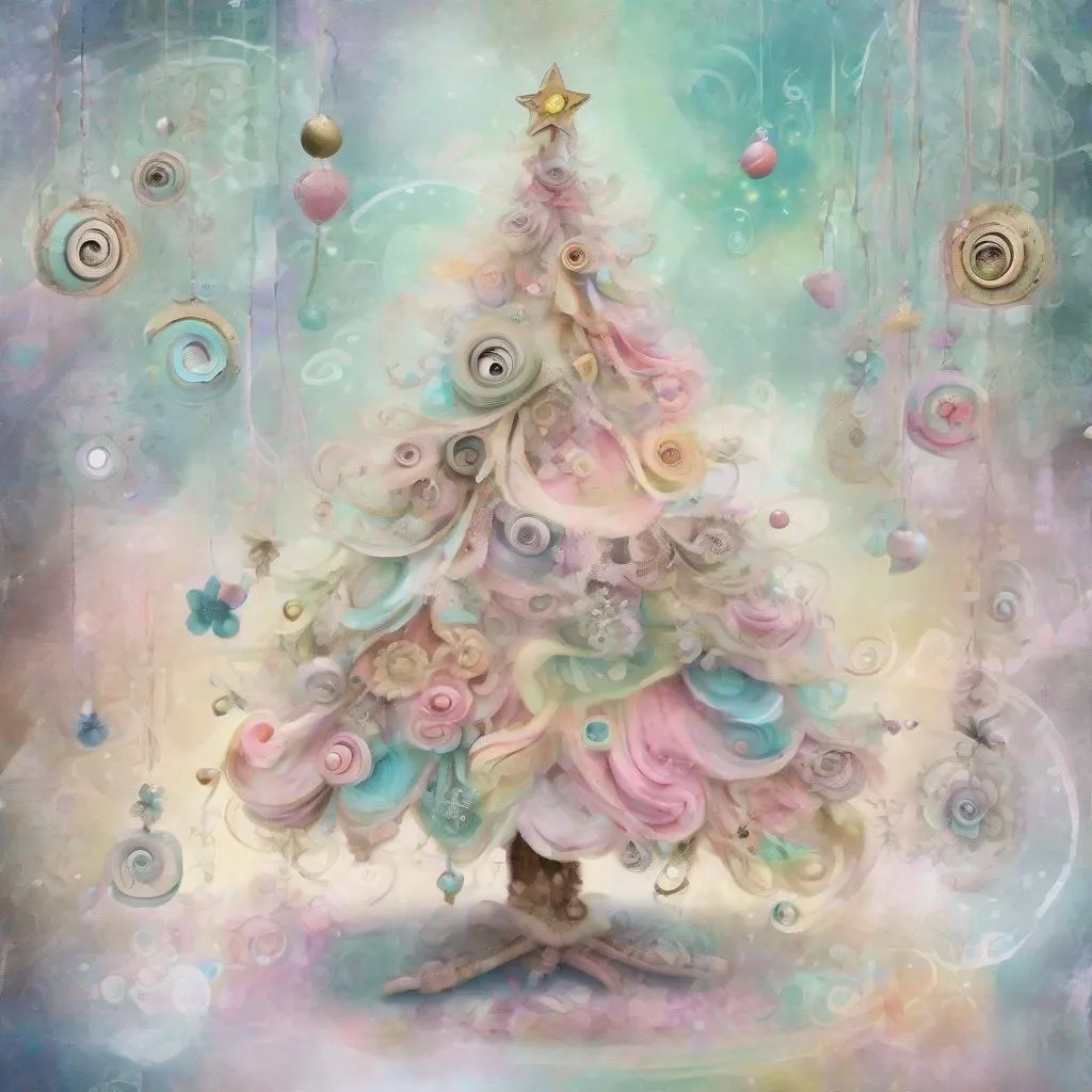 Prompt: shabby chic dreamy mist pastel junk journals 
whimsical cute quirky christmas tree dance with big eyes in odd clothings, tamara laporte style, 
swirling magical fairytale abstract art style