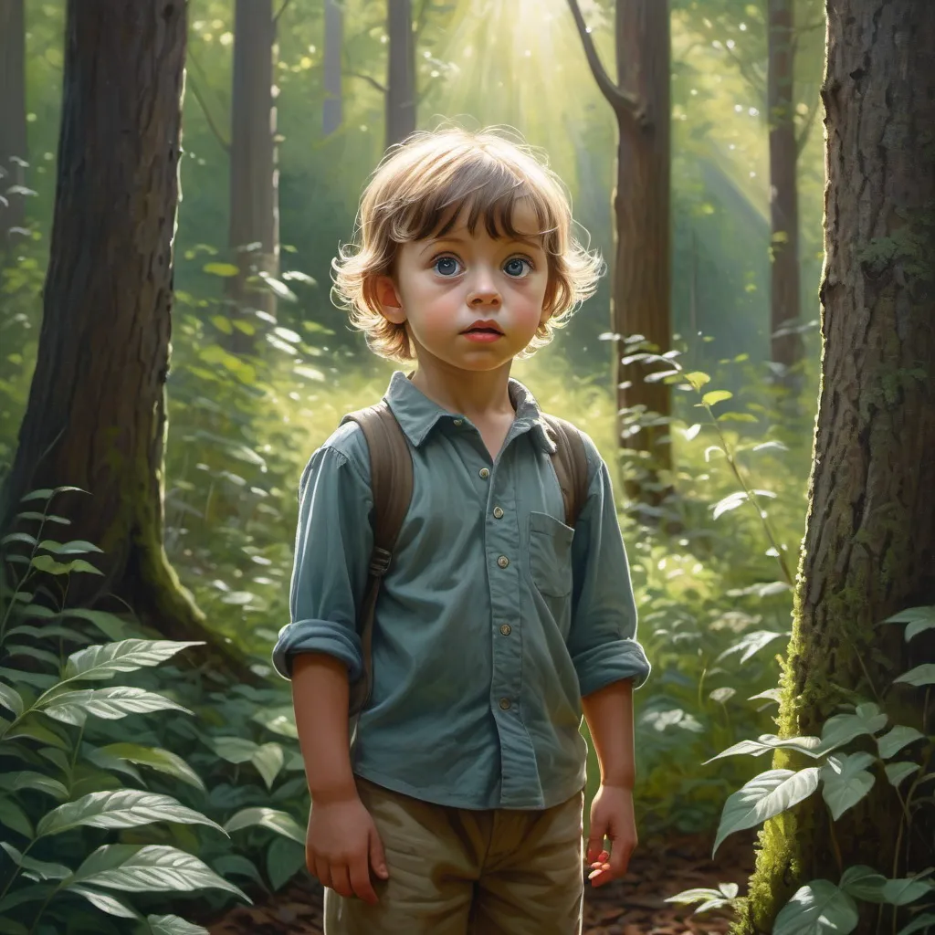 Prompt: Curious child stands at forest edge, wide-eyed with sense of wonder, surrounded by tall, dense trees underbrush, soft sunlight filtering through leaves, eyes reflecting intrigued innocence, sense of narrative discovery, highly detailed, natural light, ultra-realistic.