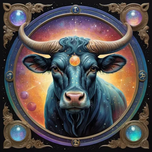 Prompt: 

Zodiac sign Taurus  . Astrology. Horoscope.
colorful ink flow. photorealistic iridescent, shimmering masterpiece. Detailed liquid gouache painting. very detailed, fairytale-like, magical realism. Concept art. mysterious. Art by Andrew Ferez & Ingrid Baars.Zodiac sign Taurus . Astrology. Horoscope.