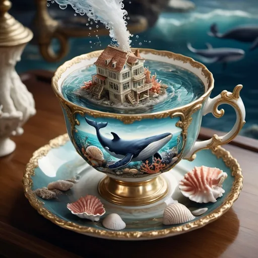 Prompt: hyperdetailed fantasy art of Close-up antique teacup with gold rim, its interior revealing a miniature underwater kingdom,  coral reefs, a majestic whale gliding through a swirling current spilling over the cup's edge, intricate nautical symbols etched along the porcelain surface, bubbles rising onto a weathered seaside table with shells, distinct gritty texture, dramatic lighting, depth of field, beautiful complementary colors