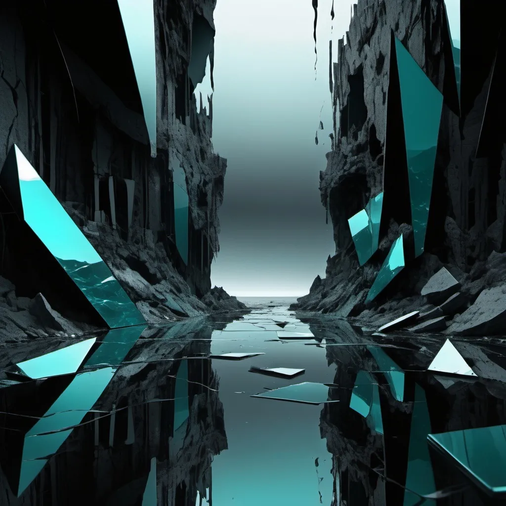 Prompt: Digital surrealism shattered dreamscape, fragments of forgotten memories, broken reflections in a sea of iridescence, muted  shiny  juxtaposed with stark monochrome, echoes of silence in the void, black and  teal