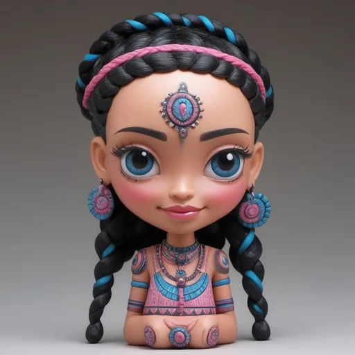 Prompt: Tribal Series,  Pink and blue happy figurine woman with black braided hair, big  sharp eyes, intricate details.