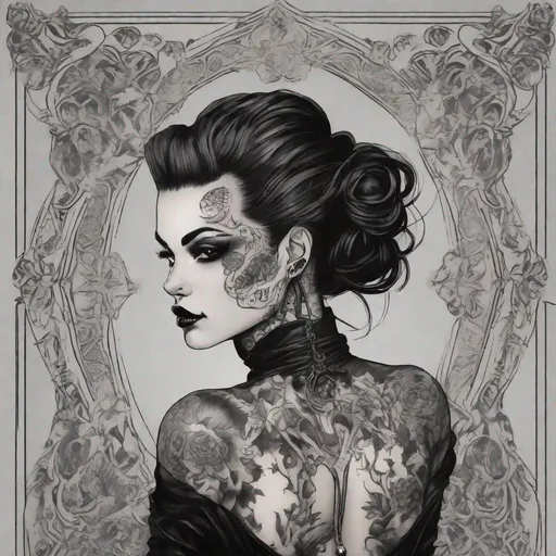 Prompt: 
A fierce and unique gothic woman with a dark aura, her body adorned with intricate tattoos and her clothing a mix of leather and lace. Her hair is styled in a dramatic updo, with hair jewelry adding to her striking appearance.