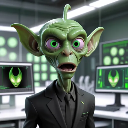 Prompt: A 3D rendering of Henry in his alien form. He has green skin, large, pointed ears, and a long, forked tongue. He is wearing a tight-fitting black suit. He is standing in a laboratory, and the background is a series of computer screens.