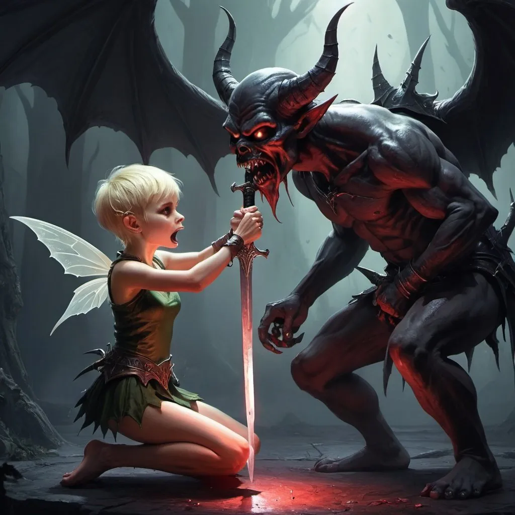 Prompt: A pixie taking a sword from the throat of a dark demon