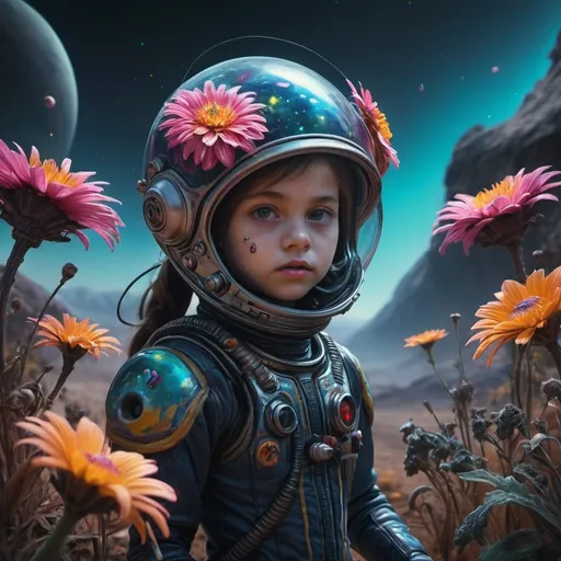 Prompt: evil dark ("A detailed painting of a little alien girl dressed as a space ranger, long twin tails, exploring an extraterrestrial landscape adorned with vibrant, otherworldly flowers. Science fiction wonderland, imaginative, space adventure."), ,sparks,, painting canvas style, sharp focus, emitting diodes, smoke, artillery, sparks, racks, system unit, perfect composition, beautiful detailed intricate insanely detailed octane render trending on artstation, 8 k artistic photography, photorealistic concept art, soft natural volumetric cinematic perfect light, chiaroscuro, award - winning photograph, masterpiece, oil on canvas