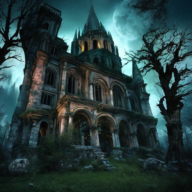 Prompt: HD, 4K, 3D, Stunning, magic, cinematic camera, two-point perspective, gothic ruin in the forest, ruined wall, ancient tree growing inside the ruins, moonlight, ruin in the forest, magical night, ruined building, ruined gothic cathedral