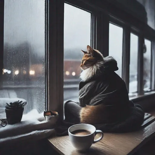 Prompt: Picture of a man sitting in front of window at rainy weather. Cozy, warm contrast, cold outside. Perfect picture. Coffee, cat, chill, safety