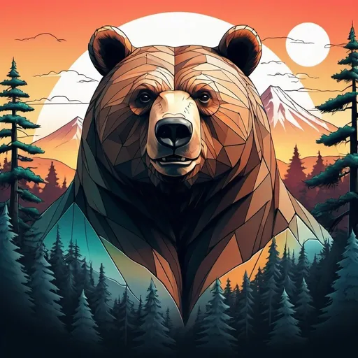 Prompt: surrealism, tattoo sketch, vector graphics, corel draw, hight-poly, ambient occlusion, heavy contour edges, japan style, bear, cartoon sunset, pine forest drawing on a bear, mountains, cracks, sky gradient, cinematic, hyperdetalization, post-processing, high contrast, bright colors, detailing