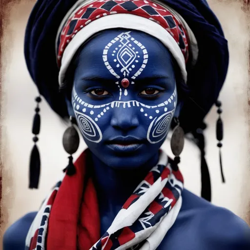 Prompt: TRibal Series: mysterious tribal woman, indigo painted face with pattern, red white and black scarf and ornametns.