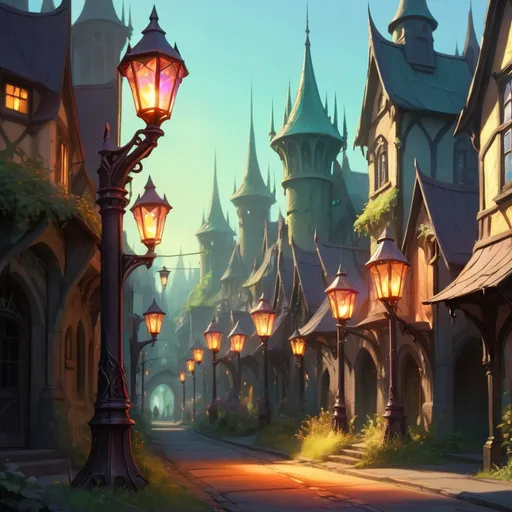 Prompt: Streetlights of iron and crystal in a summer elven city glowing brightly as shadows gather, in spectral art style 
