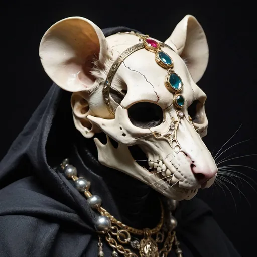 Prompt: Rat humanoid wearing skull mask over there face. The Skull is made of bone. Looking to the side, the mask has no jewels embedded within it. The skull mask is the shape of a rat.

Wearing dark cloak with jewels embedded within them.