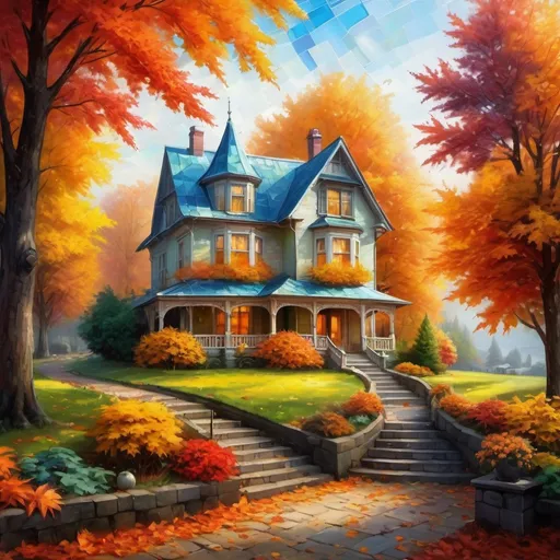 Prompt: a beautiful painting of autumnal scenery with maple leaves and beautiful house  and flowers  of garden "the picture of oil painting like an oil painting", Broken Glass effect, no background, stunning, something that even doesn't exist, mythical being, energy, molecular, textures, iridescent and luminescent scales, breathtaking beauty, pure perfection, divine presence, unforgettable, impressive, breathtaking beauty, Volumetric light, auras, rays, vivid colors reflects