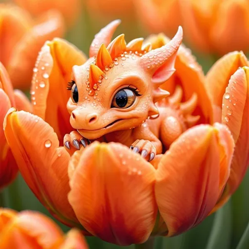 Prompt: Tilt shift: a Breathtaking soft watercolour macro close up of a beautiful adorable sweet delicate baby orange baby dragon curled up asleep inside the centre of an ORANGE tulip! Surrounded by delicate orange tulip petals! dewdrops, sparkling in the orange sunset!! A vast array of shades of orange!!