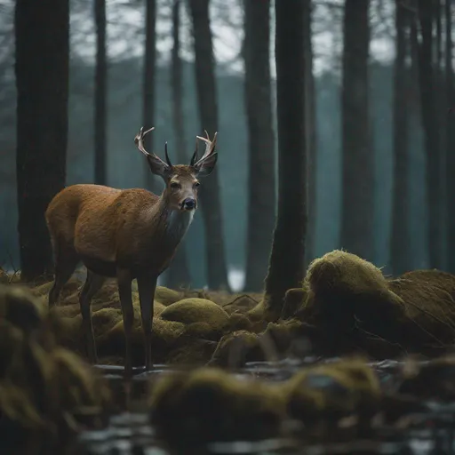 Prompt: minimal, cinematic, a deer among the trees, forest lake, moss, cold weather, dark teal and amber, Sony A7 IV