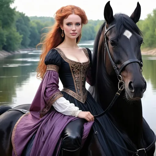 Prompt: Color pencil drawing encapsulates Mara Jade reimagined as a graceful Polish noblewoman from the 1660s, astride a black horse beside the legendary Cossacks, Dnieper river flowing in the background, her full body draped in period attire, long hair cascading, her presence emanates a comic-style charm with a smile that bridges fiction and reality, skin luminescent with the pallor of nobility, mounted centrally as she exudes near perfection, masterpiece echoing the