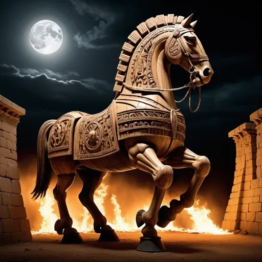 Prompt: the Trojan Horse, towering above the ancient city of Troy in the midst of a great conflict. Draw an image of the massive wooden structure, intricately carved and adorned with symbols of strength and deception. Surround the horse with the chaos of battle, with flames licking at its hooves and warriors clashing nearby. Let the moonlight cast eerie shadows upon the scene, adding to the atmosphere of intrigue and danger. Capture the tension and anticipation as the Trojan Horse awaits its moment to reveal the warriors hidden within, a symbol of cunning strategy and the ultimate betrayal in the epic tale of Troy."







