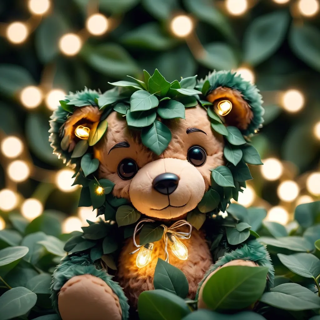 Prompt: A cute teddy bear made up of dark green leaves and twinkle lights perfect for profile picture