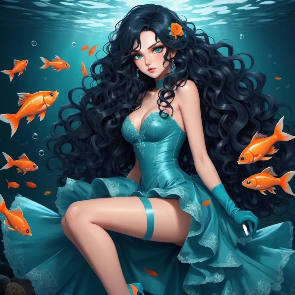 Prompt: Anime version, beautiful sensual dark brunette woman, long voluminous curly navy blue hair, orange eyes, showing her claws, big nails, makeup, turquoise blue wedding dress, high heel socks, high heel boots, close to one side with fish