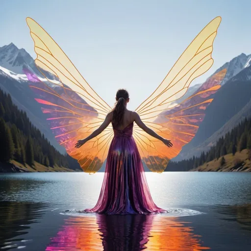 Prompt:  Visualize an image of a detailed, high contrast graphic equalizer of a sound wave. The wave takes the form of a panoramic silhouette of a majestic mountains reflected in a water surface. Overlaid on this image is a double exposure of a of a beautiful fairy dressed in a long shiny satin dress, with glistening semi transparent wings, with her left arm gracefully extended overhead and her right arm stretched out behind, she is listening to relaxing music. The ultramodern image renders itself in a combination of techniques with deep detail. iridescent reflections, flowing textiles of actual nature-mountains topography. Image colors are orange, pink, red, purple shades, lemon, violet, and yellow 
