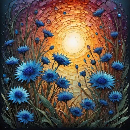 Prompt: summer ,  best quality,   ink painting, acrylic,  cute cornflowers, sunrise,,  by Craola , Dan Mumford, Andy Kehoe, 2d, flat, cute, adorable, vintage, art on a cracked paper, fairytale, storybook detailed illustration, cinematic,  ultra highly detailed  , tiny details,  beautiful details, mystical,  luminism, ,vibrant colors ,  complex background,  , Broken Glass effect, no background, stunning, something that even doesn't exist, mythical being, energy, molecular, textures, iridescent and luminescent scales, breathtaking beauty, pure perfection, divine presence, unforgettable, impressive, breathtaking beauty, Volumetric light, auras, rays, vivid colors reflects