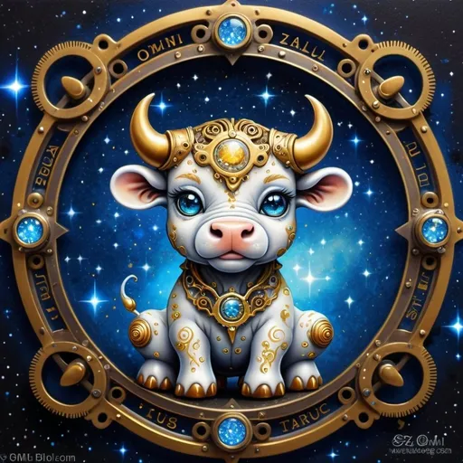 Prompt: Airbrush painting cute chibi-style baby Zodiac Taurus (Bull)) made up of very fine filigree gold and silver threads, against a complex steampunk cosmic constellation background surrounded by fantastic vibrant colors, broken glass effect, volumetric light, auras, rays, vivid colors reflects. omni blue light, luminous, bioluminescent, steampunk engine,