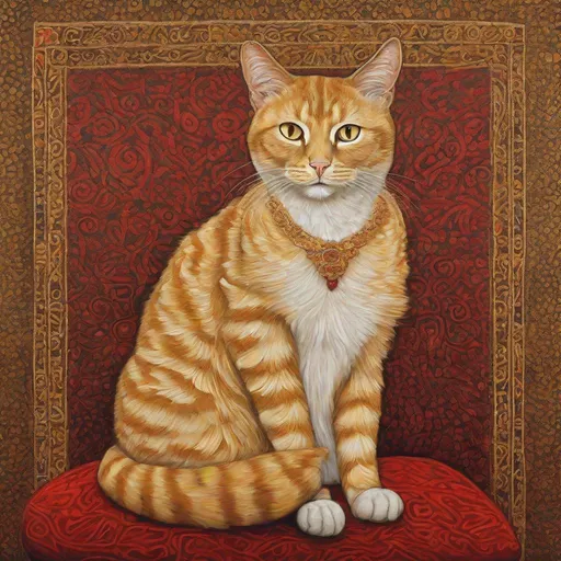 Prompt: Gustav Klimt style. A portrait of a beautiful gold-colored cat with large, detailed and focused honey-colored eyes, sitting looking at the camera sitting on a highly embroidered red cushion and all in the style of Gustav Klimt.