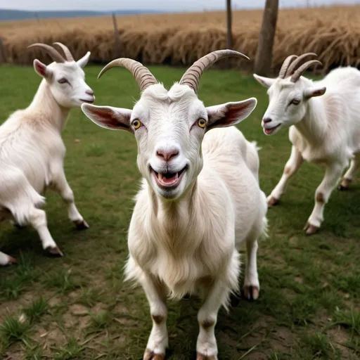 Prompt: On the surface a happy goat sitting in a field dancing playfully around but with mad and manic. A background of sadness and melancholy with other goats looking concerned. 