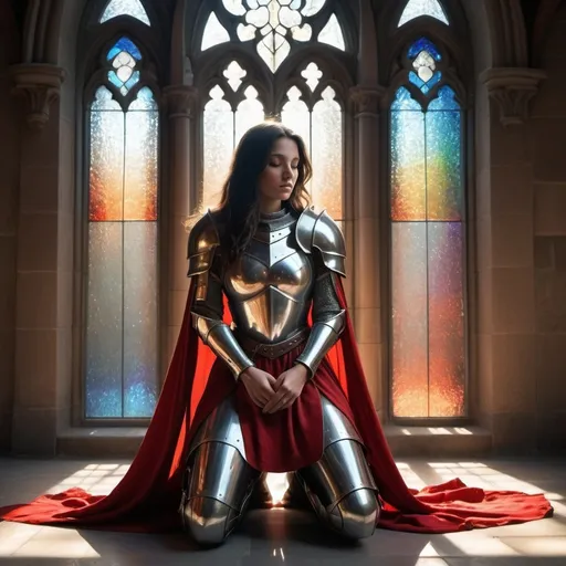 Prompt: In the heart of an ancient cathedral, a beautiful female knight kneels in solemn prayer, her head bowed, her long dark hair flowing down the back of her armour. Sunlight streams through the stained glass windows, casting a divine glow on the polished armor. The knight, draped in a red cape with no helmut, prepares for a quest that will test her courage and faith. What sacred mission awaits this noble warrior?
, Broken Glass effect, no background, stunning, something that even doesn't exist, mythical being, energy, molecular, textures, iridescent and luminescent scales, breathtaking beauty, pure perfection, divine presence, unforgettable, impressive, breathtaking beauty, Volumetric light, auras, rays, vivid colors reflects, Broken Glass effect, no background, stunning, something that even doesn't exist, mythical being, energy, molecular, textures, iridescent and luminescent scales, breathtaking beauty, pure perfection, divine presence, unforgettable, impressive, breathtaking beauty, Volumetric light, auras, rays, vivid colors reflects