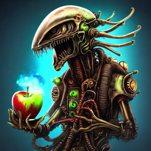 Prompt: Exploding alien steampunk style holding apple ipad in his hands