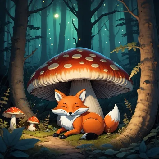 Prompt: Fox sleeping under a giant mushroom in a mushroom forest illuminated by firefly's. in the style of studio ghibli
