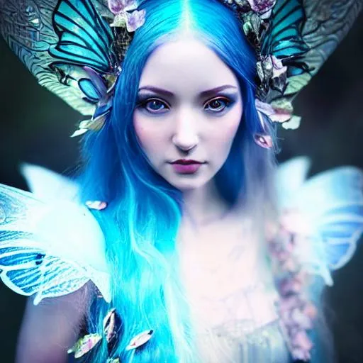 Prompt: a highly detailed professional portrait of a female fairy, photo by bella kotak, fantasy photography, transparent glass fairy wings, luminescent colors, otherworldly, high fantasy art, soft glow, iridescent colors, ethereal aesthetic, fashion photography, intricate design, fae elements, detailed shiny blue hair, whimsical, atmospheric,