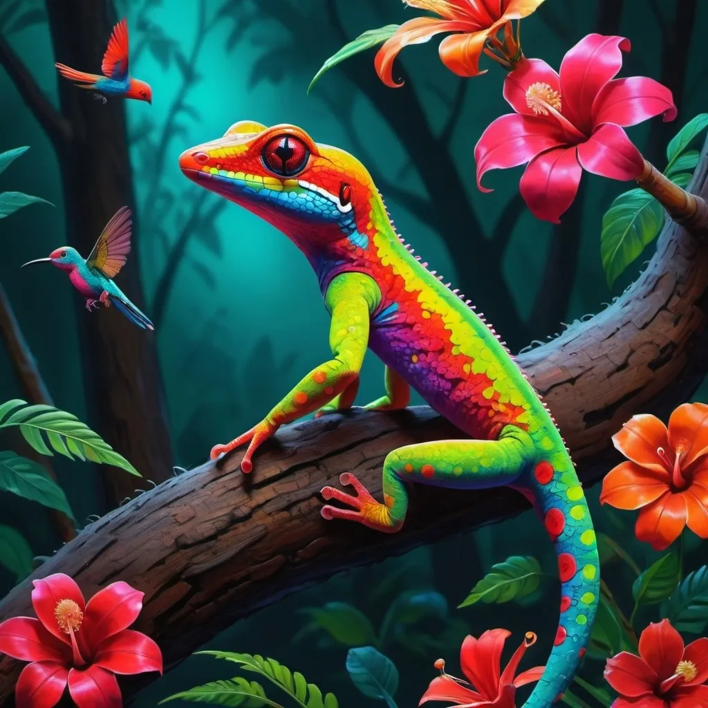 Prompt: Make a neon gecko, colorful forest, neon gecko is bright and glowing, beautiful flowers, hyper realistic, hyper detailed, painting, masterpiece, wallpaper, more flowers, some humming birds, some red parrots, colorful