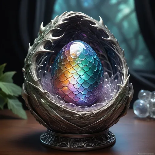 Prompt: a dragon's egg in a crystal nest, iridescent light, ultra-detailed, mythical, 