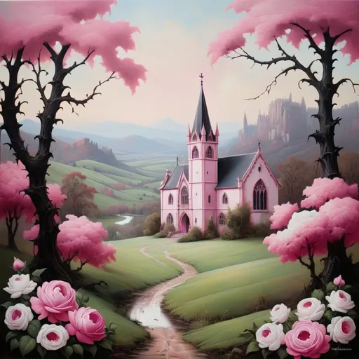 Prompt: Gothic style painting with pink and white with landscapes 