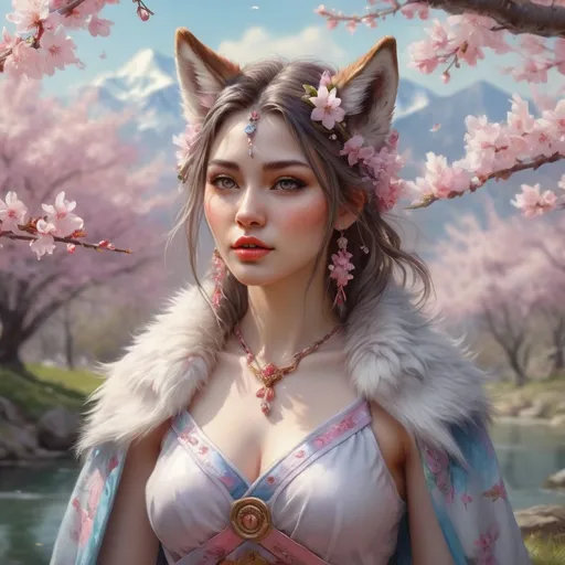 Prompt: Fully Clothed Portrait of alluring fantasy (wolf goddess in spring) in photorealistic quality in magical environment, furry tail, cherry blossoms; highly stylized face and tail portrait fantastically intricate detailed extremely complex art masterpiece by Thomas Kinkade by Ismail Inceoglu trending on Instagram HARDWARE Photographic Art Direction WLOP 5 realistic body centered, anime Character Design, Unreal Engine, Beautiful, Tumblr Aesthetic,  Hd Photography, Hyperrealism, Beautiful Watercolor Painting, Realistic, Detailed, Painting By Olga Shvartsur, Svetlana Novikova, Fine Art