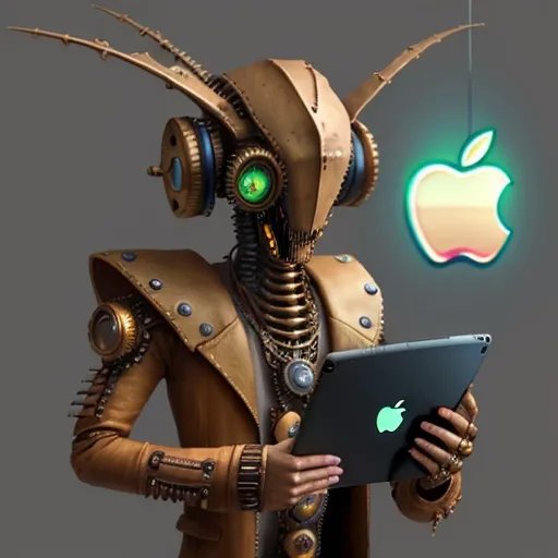 Prompt: Exploding alien steampunk style holding apple ipad in his hands